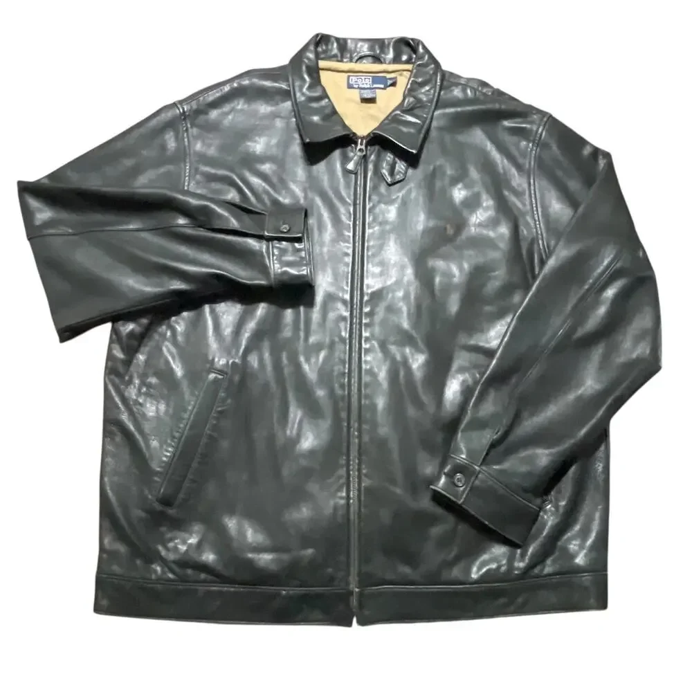 Vintage Polo Ralph Lauren Jacket Mens XXL Black Lambskin Leather Full Zip Pony